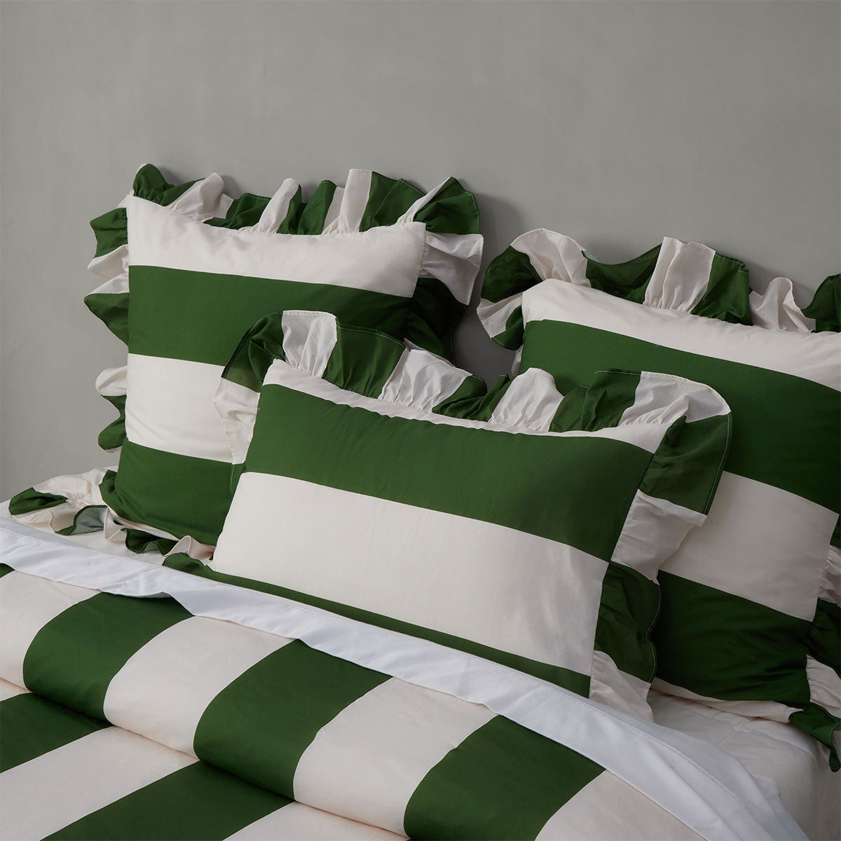 Vintage Design Homewares Candy Ruffle Green Striped Washed Cotton Quilt Cover Set Queen