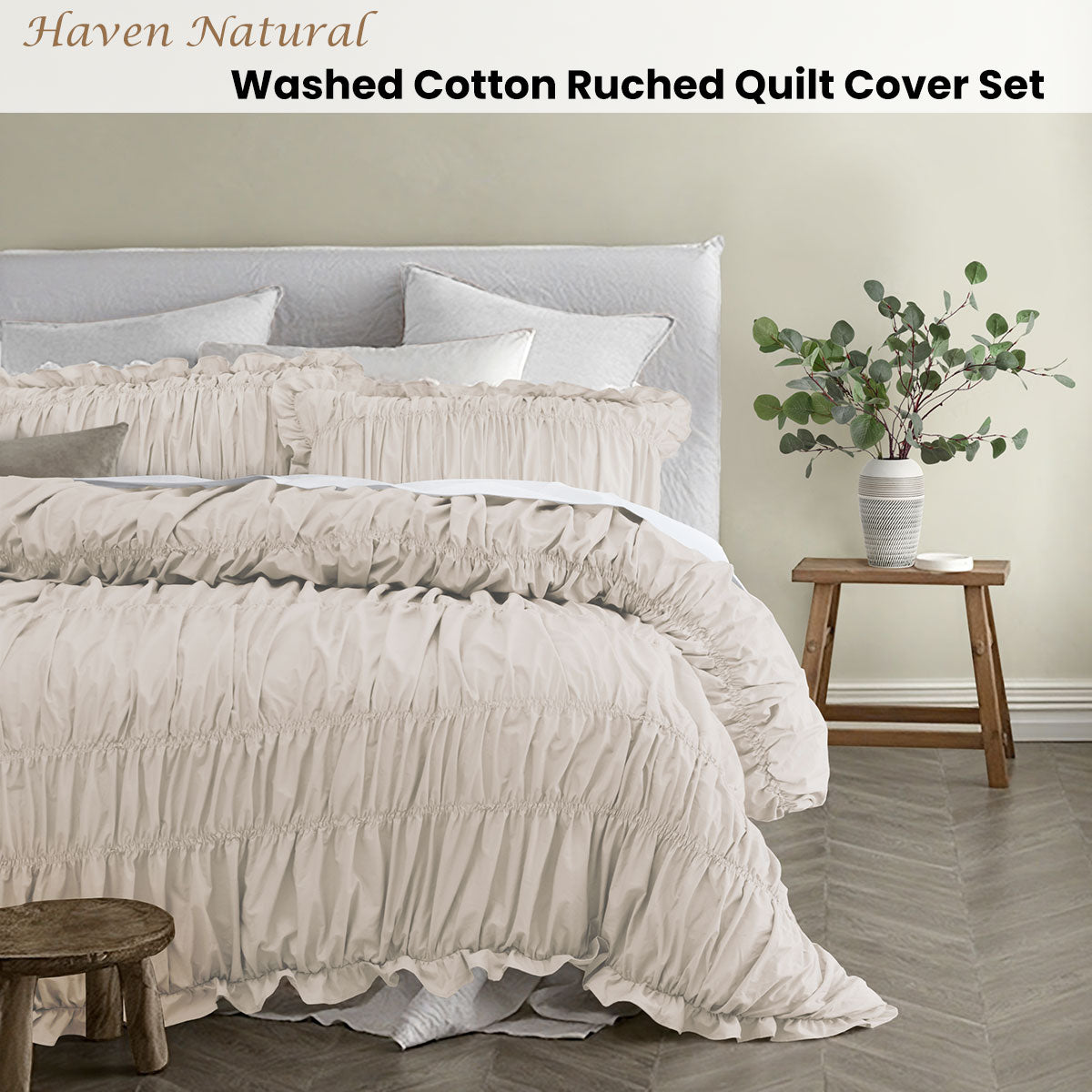 Vintage Design Homewares Haven Natural Washed Cotton Ruched Quilt Cover Set Double