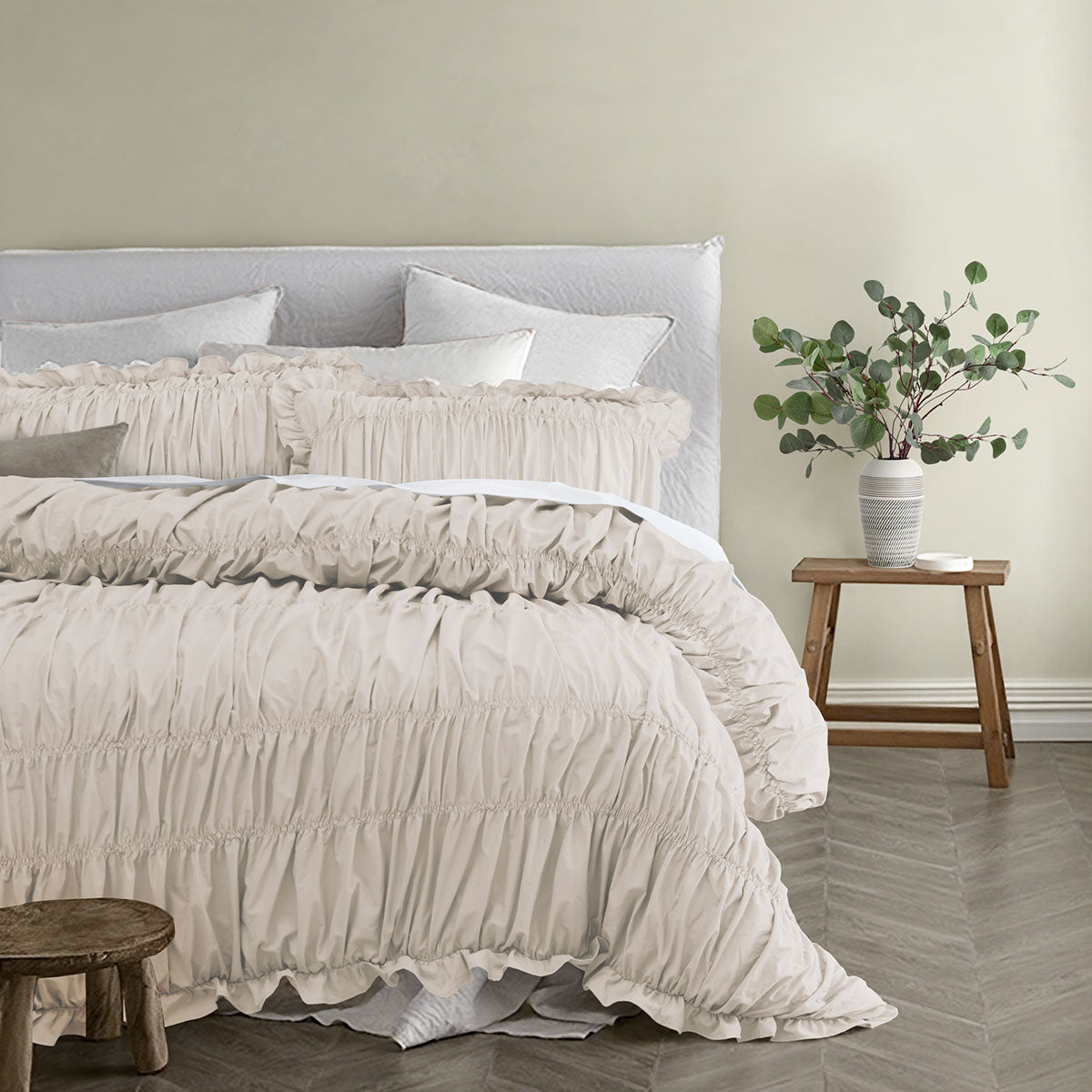 Vintage Design Homewares Haven Natural Washed Cotton Ruched Quilt Cover Set Queen