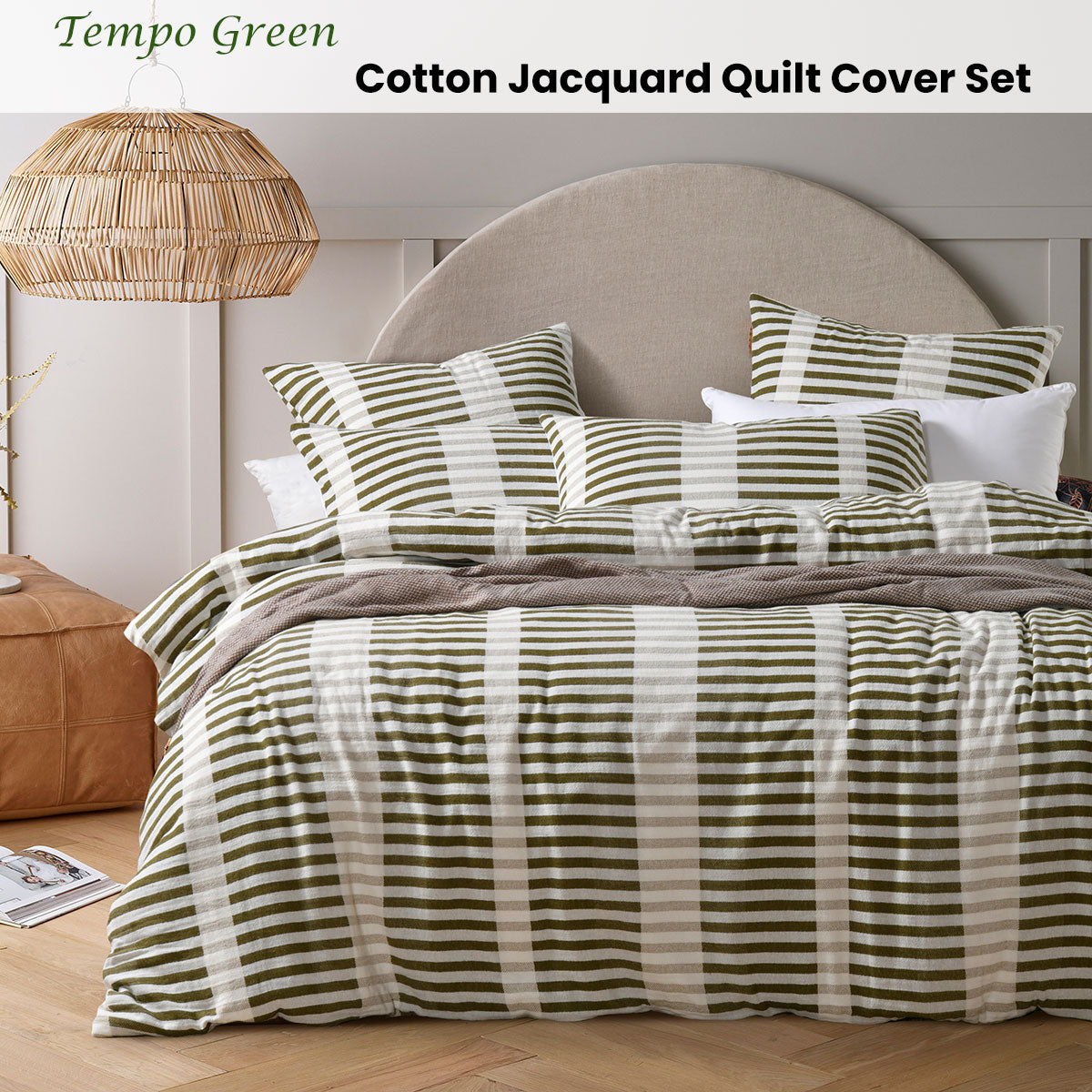 Vintage Design Homewares Tempo Green Cotton Jacquard Quilt Cover Set Queen