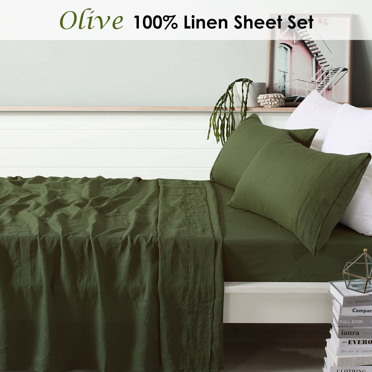 Vintage Design Homewares 100% Linen Olive Sheet Set Queen