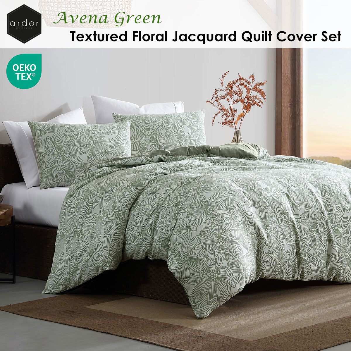 Ardor Avena Green Textured Floral Jacquard Quilt Cover Set Queen