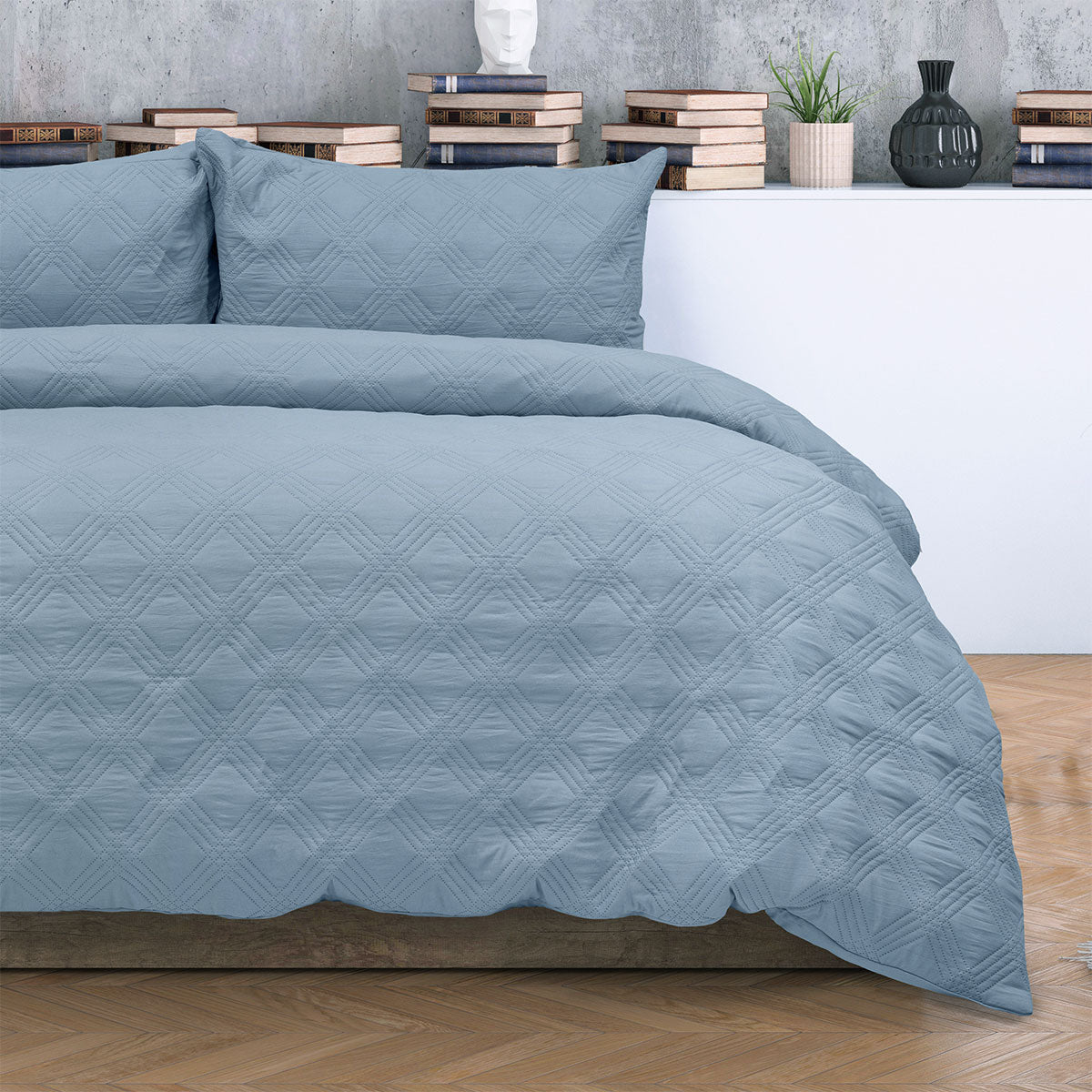 Ardor Carter Mineral Blue Embossed Vintage Washed Geometric Quilt Cover Set Queen