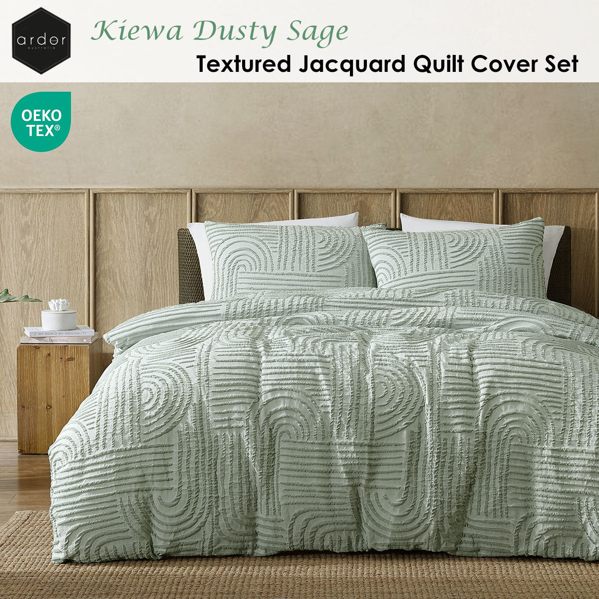 Ardor Kiewa Dusty Sage Textured Jacquard Aztec Quilt Cover Set King