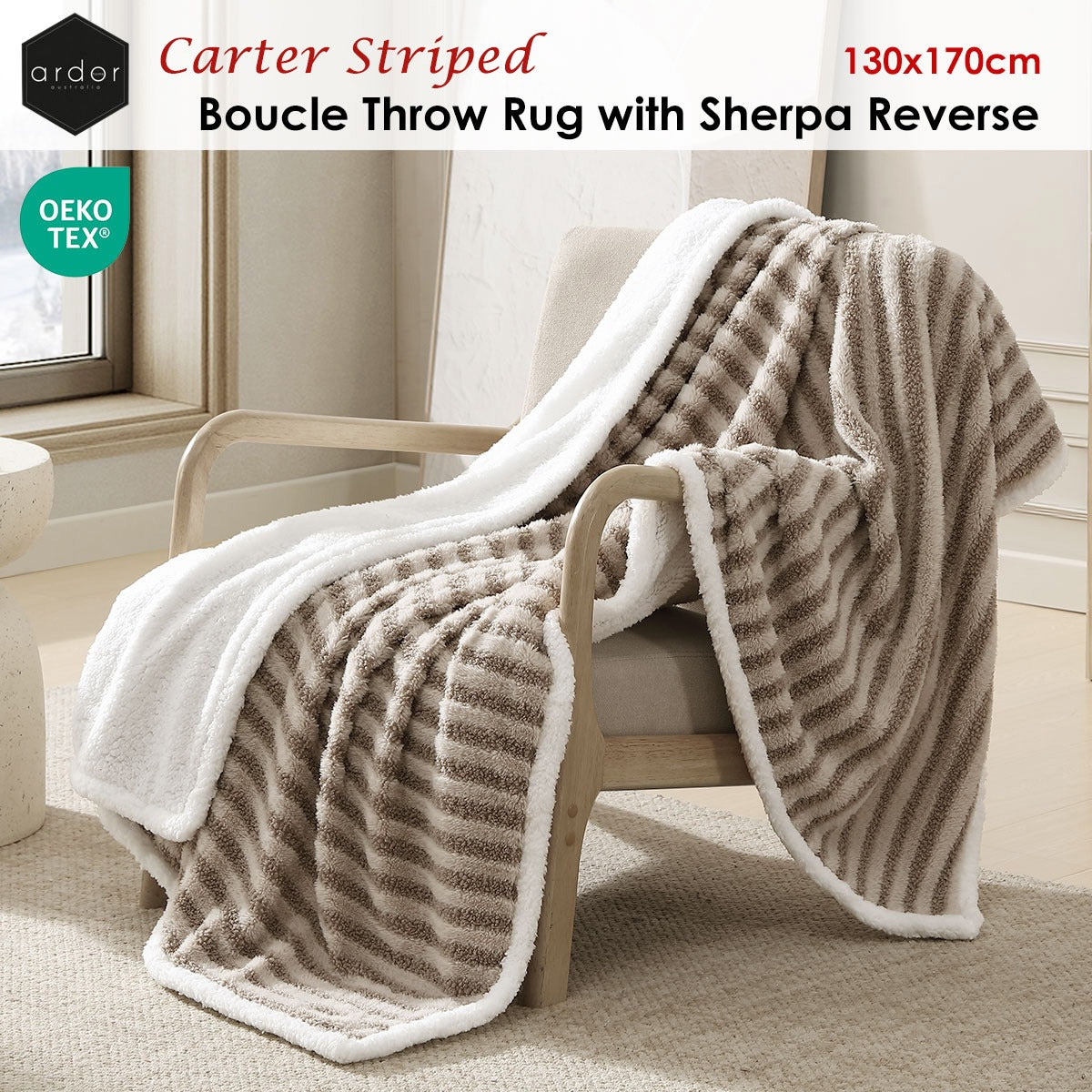 Ardor Carter Striped Boucle Throw Rug with Sherpa Reverse 130x170cm