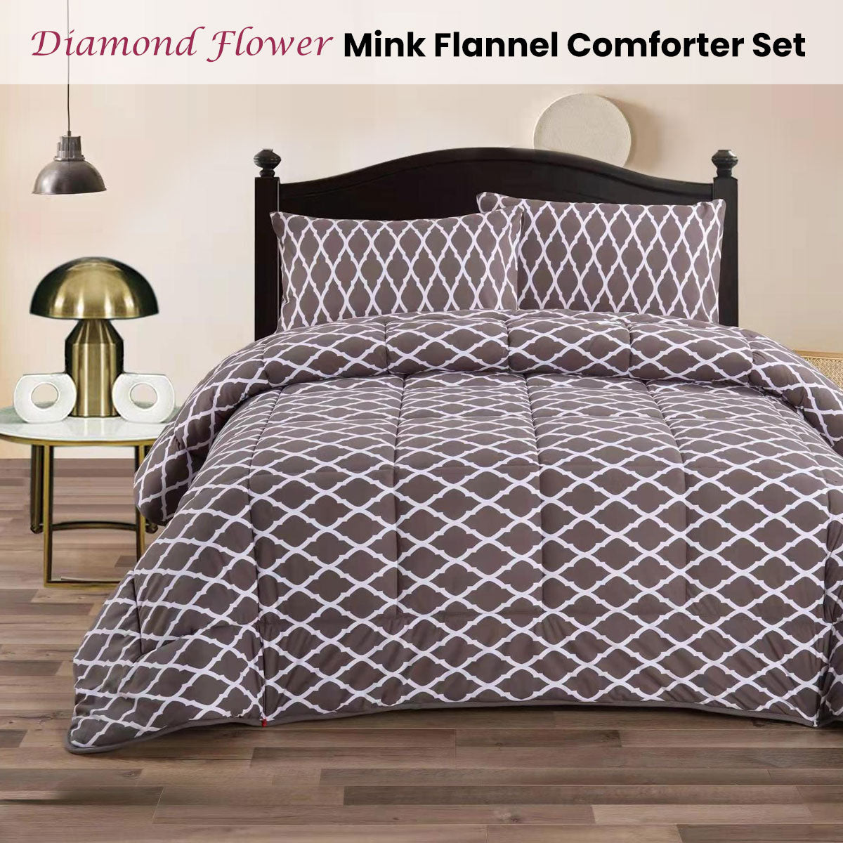 Ramesses Diamond Flower 3- Piece Mink Flannel Comforter Set King