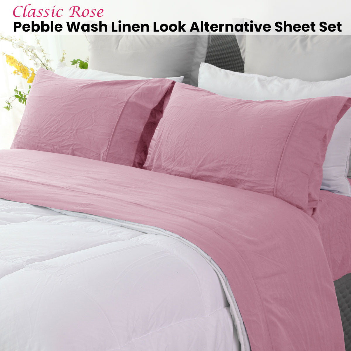 Ramesses Classic Rose Pebble Wash Linen Look Alternative Sheet Set King Single