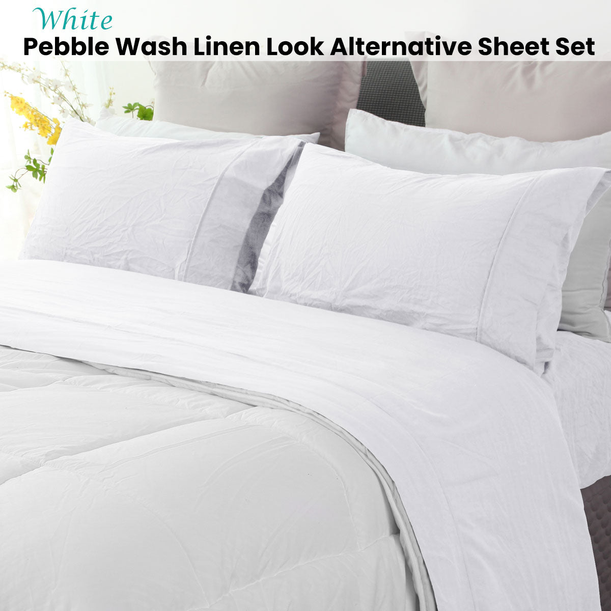 Ramesses White Pebble Wash Linen Look Alternative Sheet Set King
