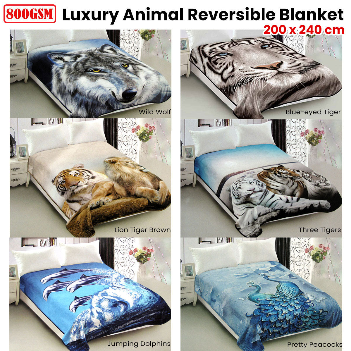 800GSM Luxury Reversible Animal Pattern Mink Blanket Queen 200 x 240 cm Wild Wolf