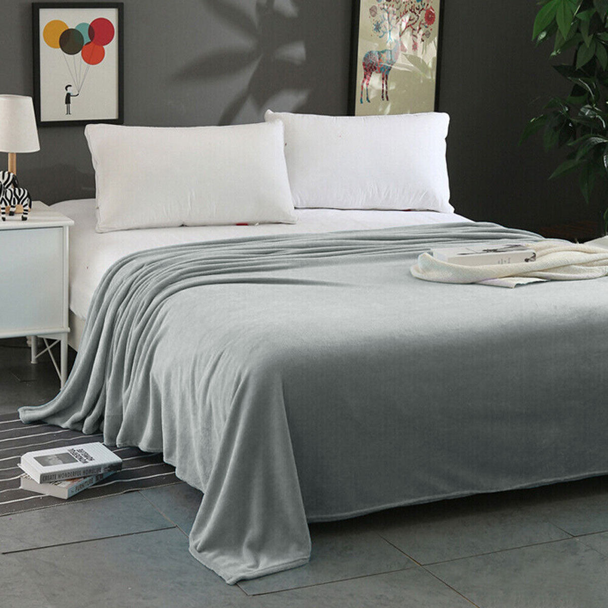 Super Soft Micro Flannel Plush Blanket Queen 220 x 240cm Grey
