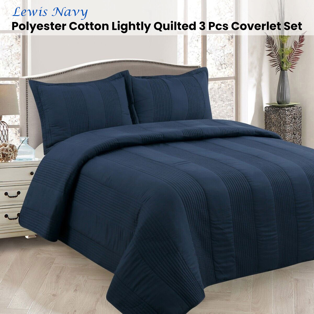 Lewis Navy 3 Pce Lightly Quilted Polyester Cotton Coverlet Set Queen