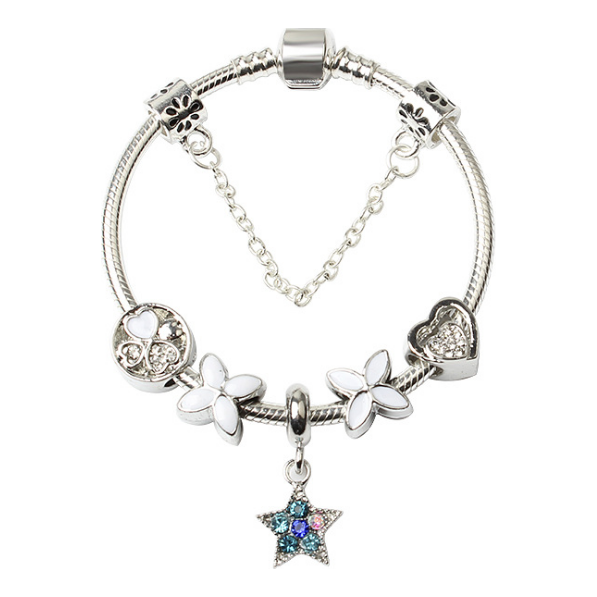 Women Silver Plated Bracelet Snake Chain with Classic Bead Barrel Clasp and Blue Star Pendant(18cm)
