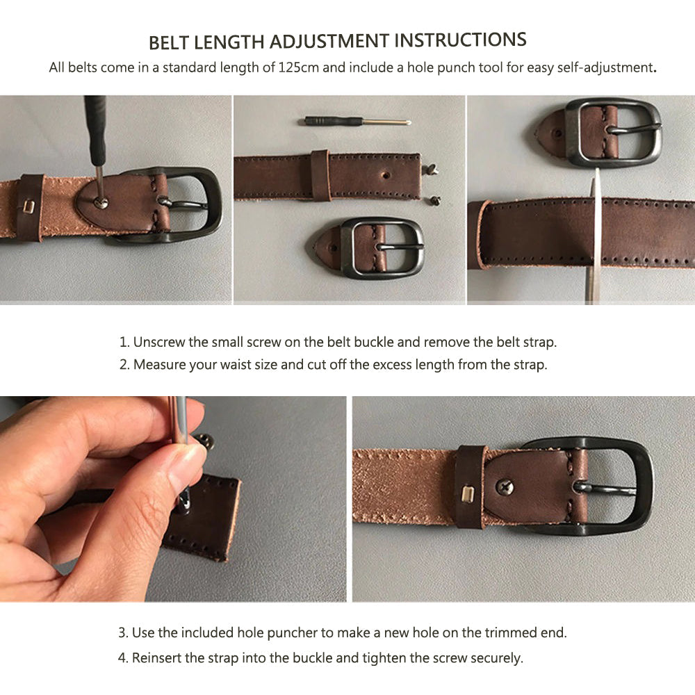 Men's Genuine Leather Belt Vintage Cowhide Pin Buckle 125cm Adjustable Length