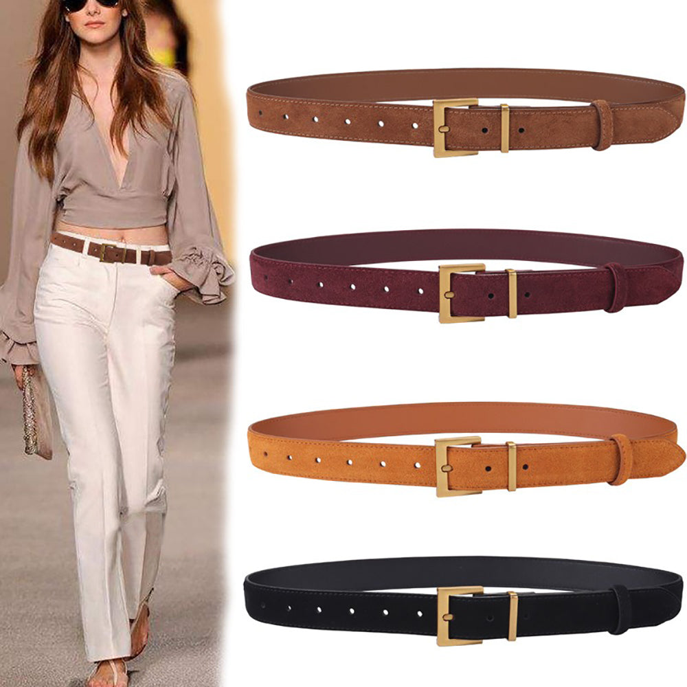 Women's Genuine Suede Leather Belt Classic Pin Buckle Cowhide Belts (Brown)
