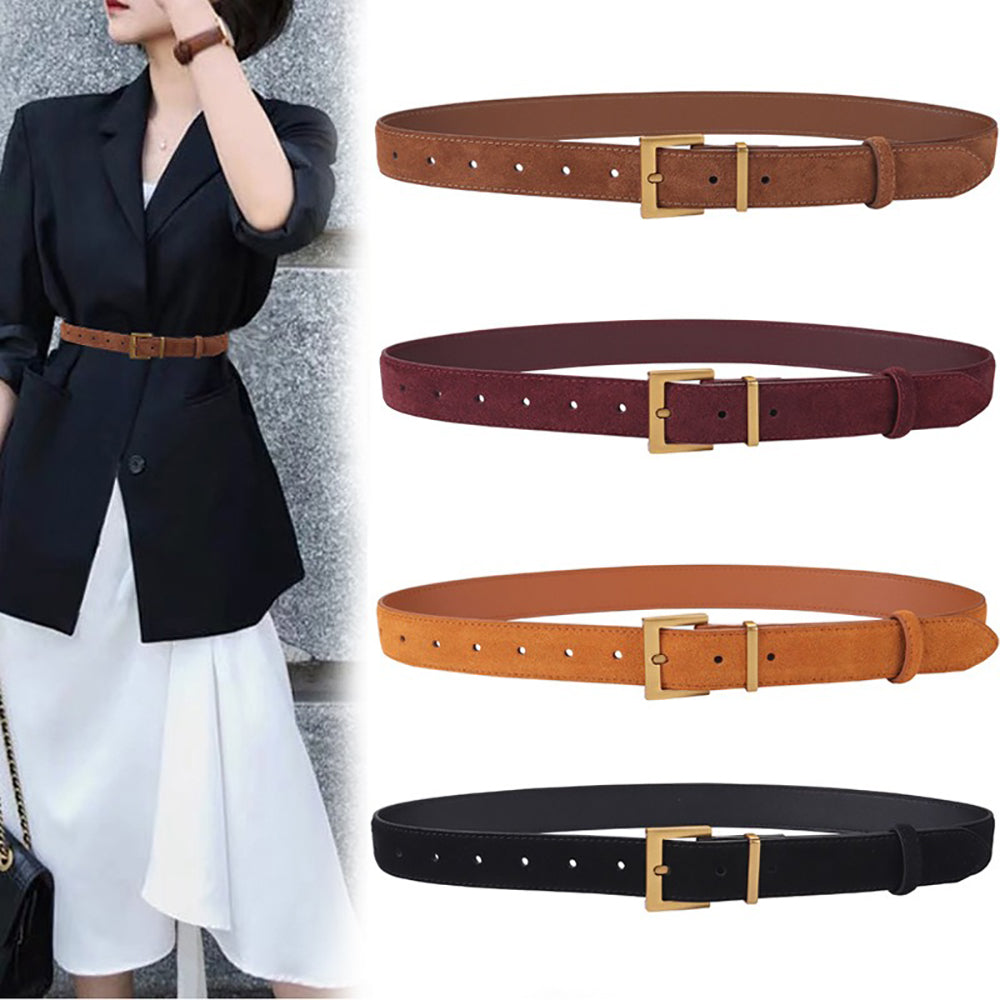 Women's Genuine Suede Leather Belt Classic Pin Buckle Cowhide Belts (Brown)