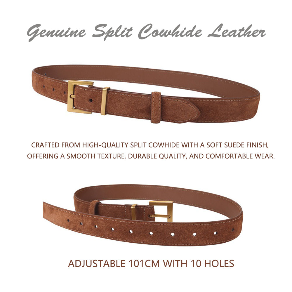 Women's Genuine Suede Leather Belt Classic Pin Buckle Cowhide Belts (Caramel)