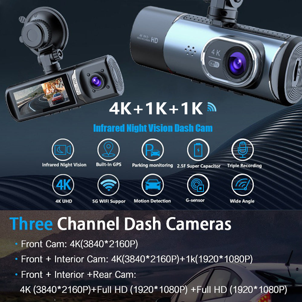 3 Channel 4K+1K+1K Dash Cam WiFi Car DVR Interior Cabin Camera Recorder with 32G Card