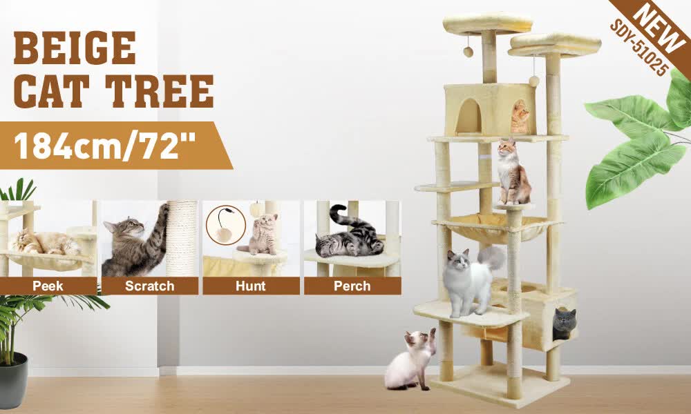 VaKa 184cm Road Cat Tree Tower Scratching Post Scratcher Condo with Big Hammock