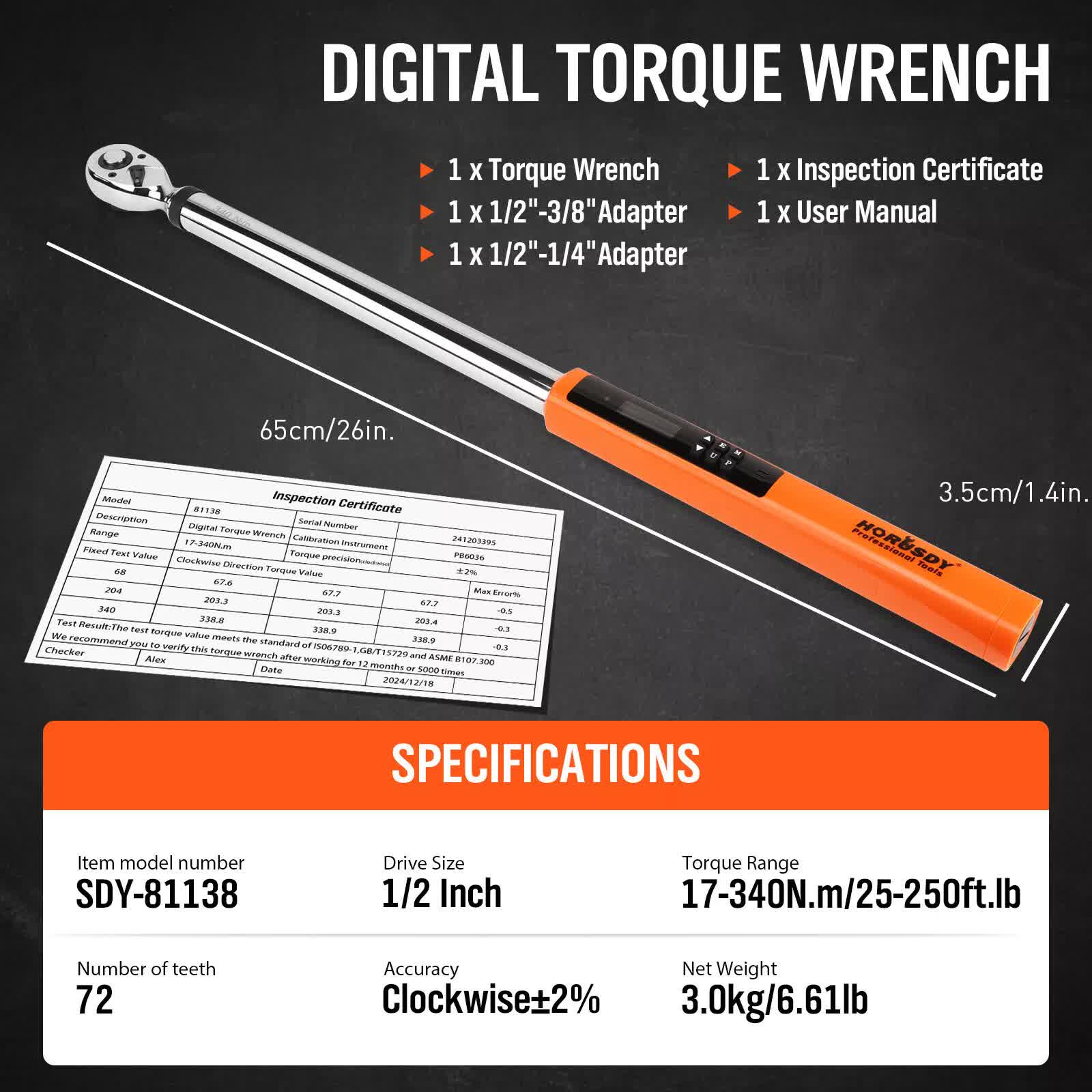 3Pc 1/2" Digital Torque Wrench Set Adjustable 17-340N.m / 25-250ft.lb Motorcycle