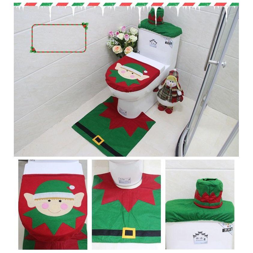 4pcs Christmas Toilet Seat Cover Rug Bathroom Set Santa Snowman Xmas Home Décor, Elf