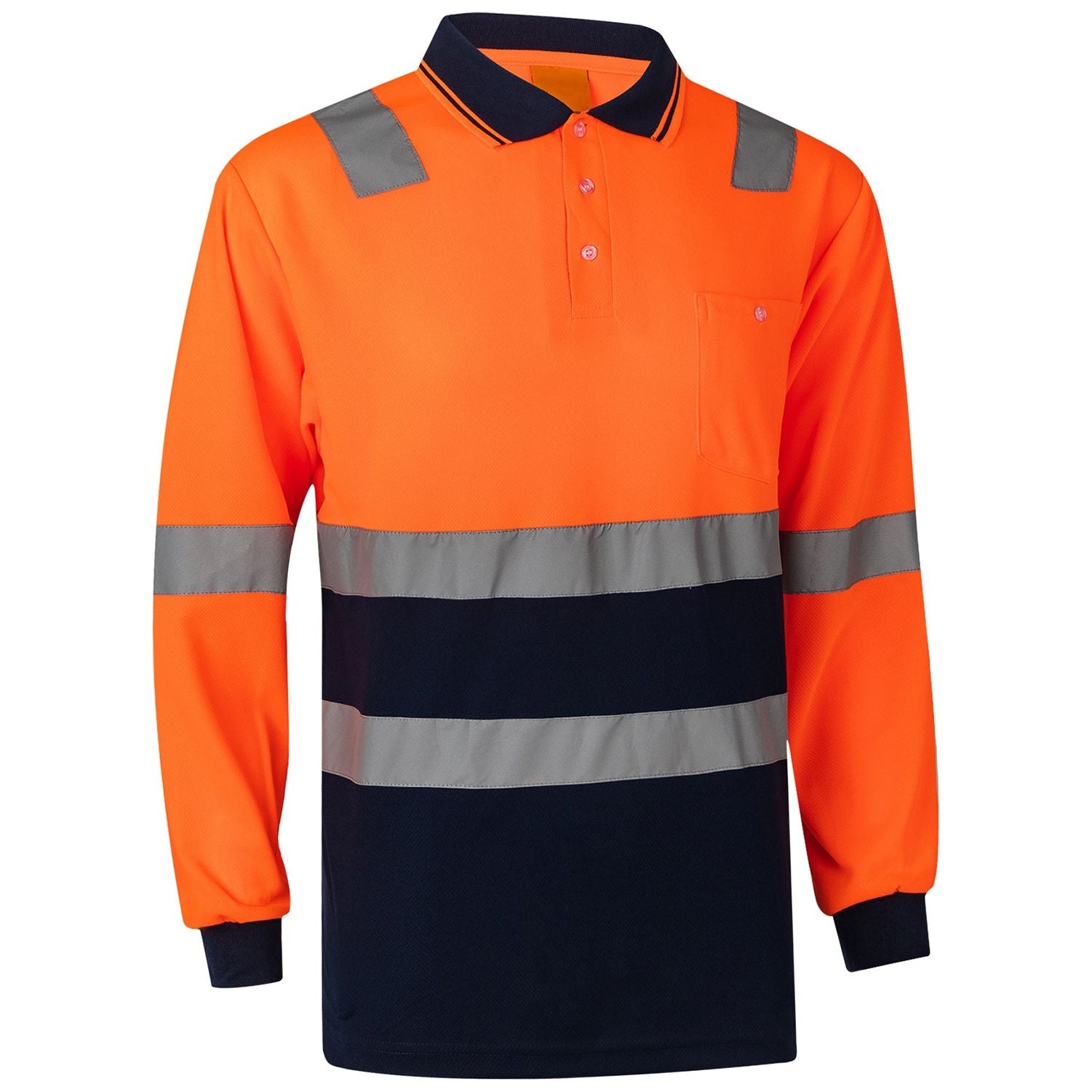 HI VIS Long Sleeve Workwear Shirt w Reflective Tape Cool Dry Safety Polo 2 Tone, Fluoro Orange / Navy, XL