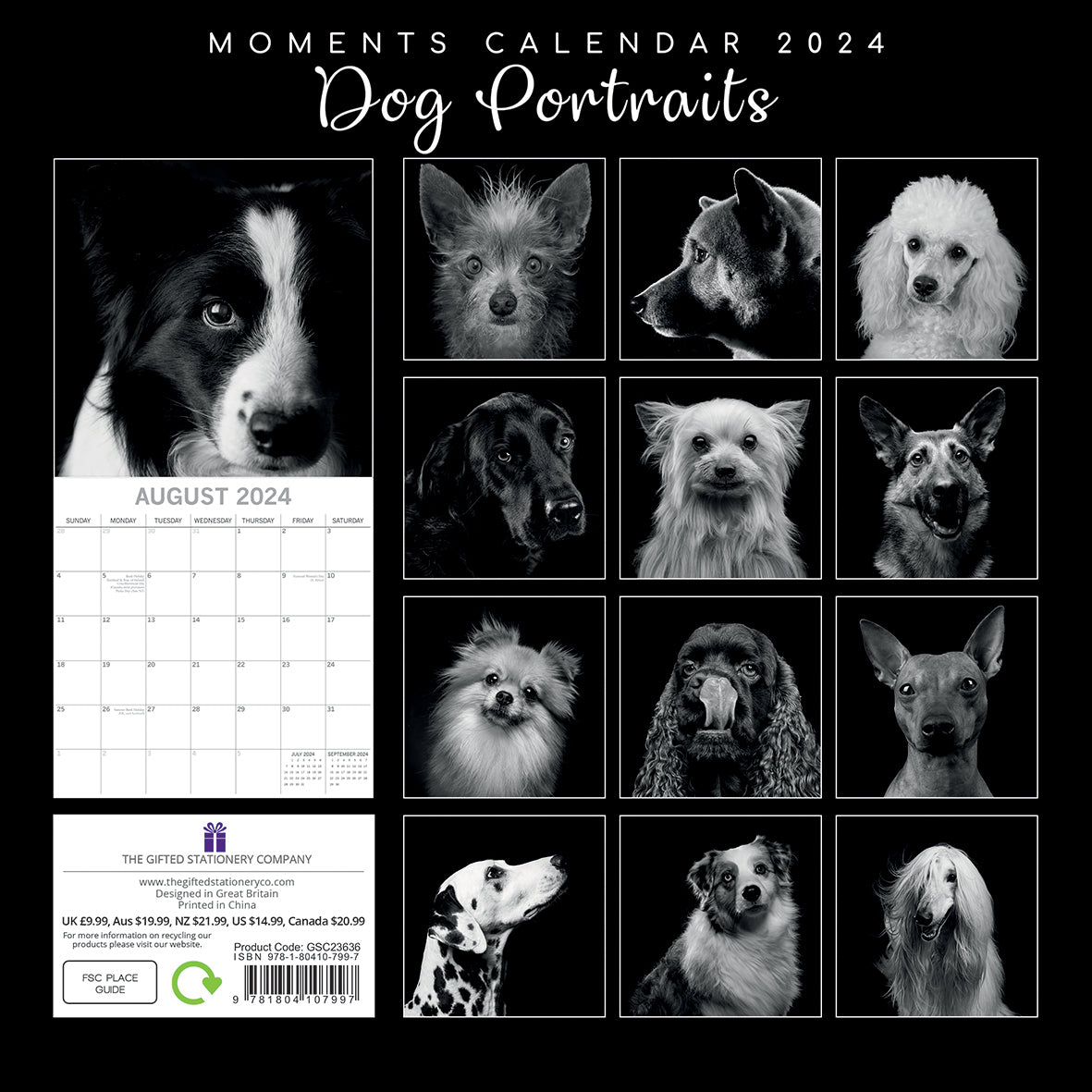 Dog Portraits - 2024 Square Wall Calendar 16 Months Black & White Planner Gift