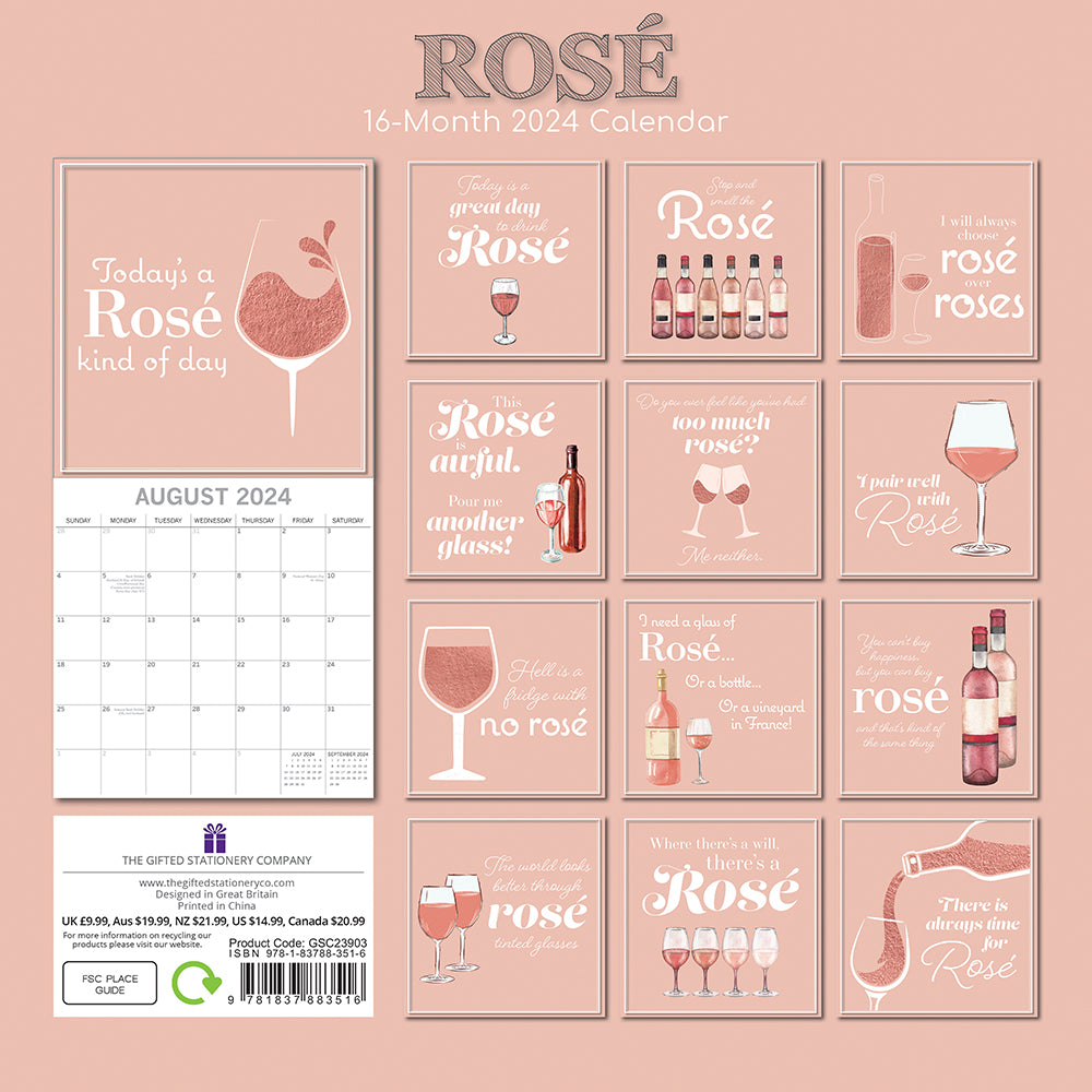 Rose - 2024 Square Wall Calendar 16 Month Food Planner Wine Beer Planner Gift