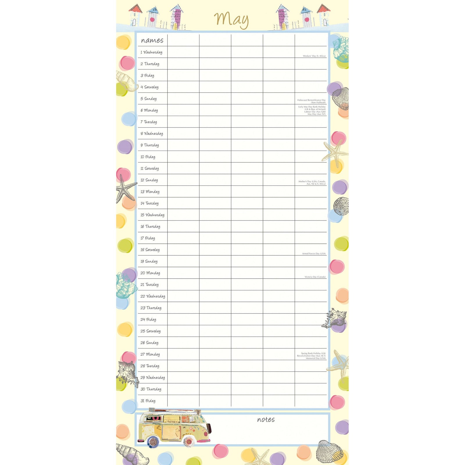 By the Sea Family Organiser - 2024 Square Wall Calendar 16 Months School Planner
