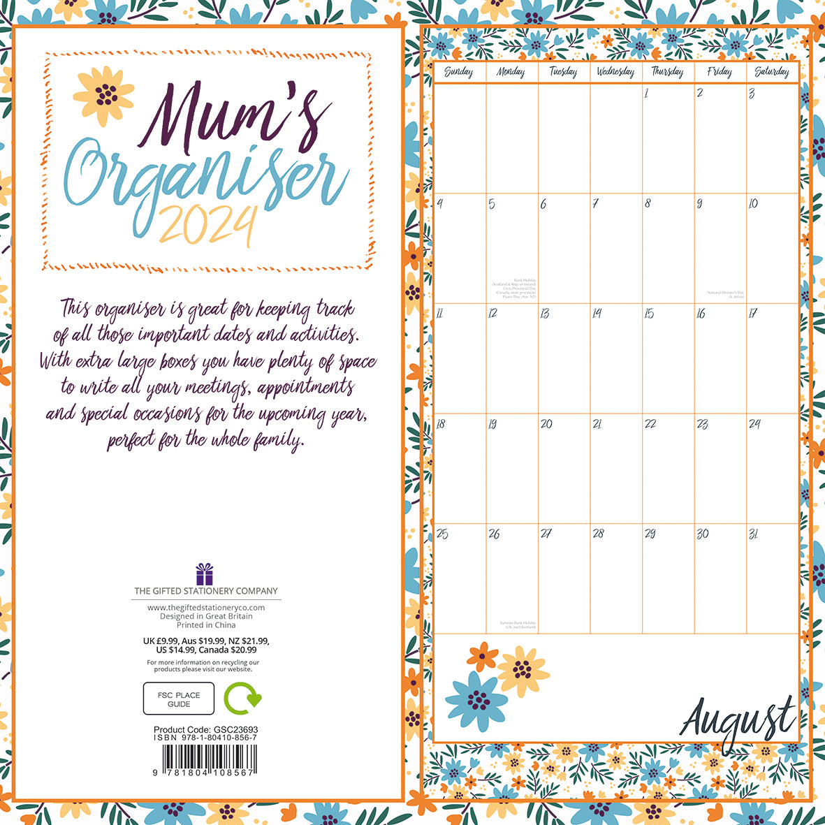 Mum's Organiser 2024 Square Wall Calendar 16 Months School Planner New Year Gift