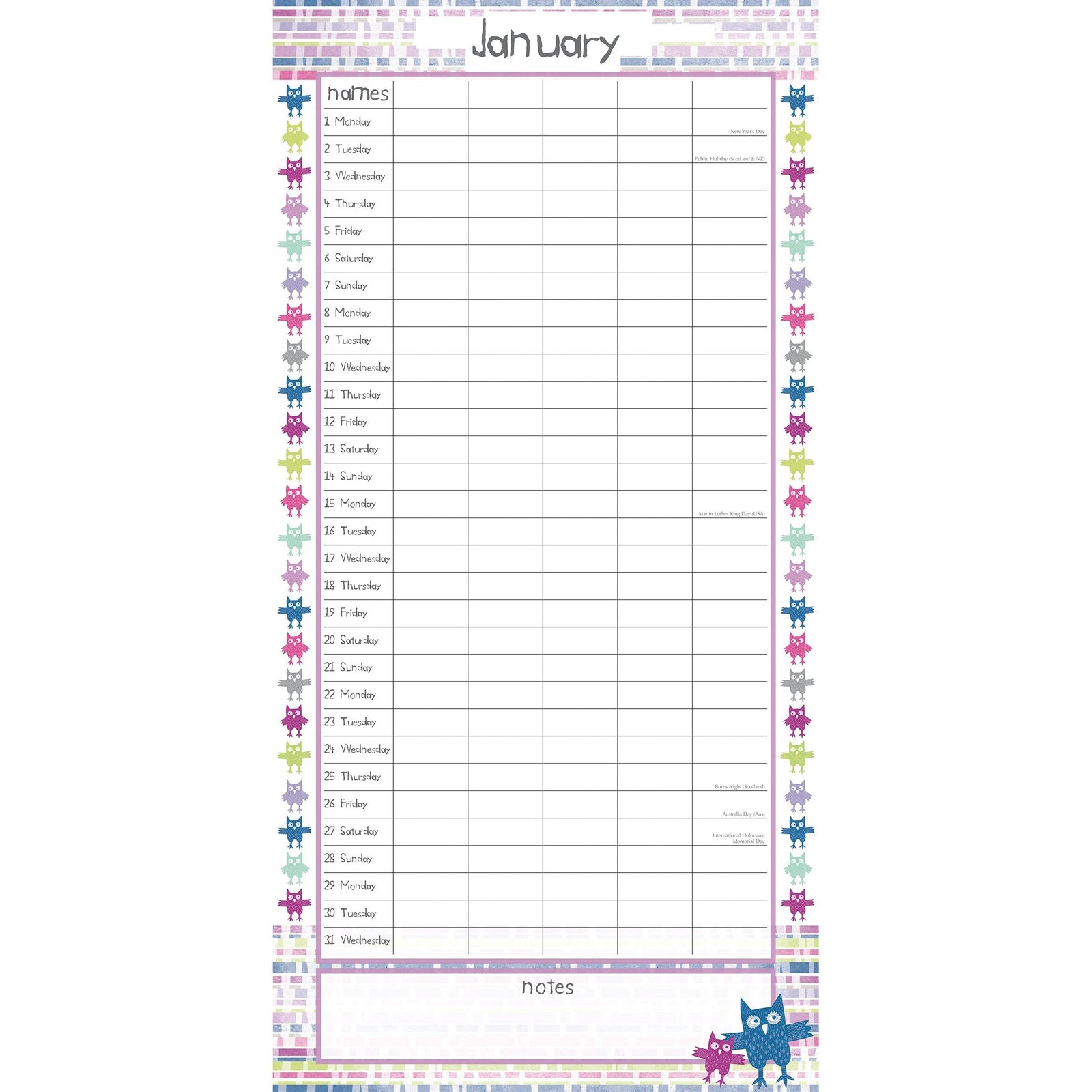 Owls Family Organiser - 2024 Square Wall Calendar 16 Month School Planner Birds