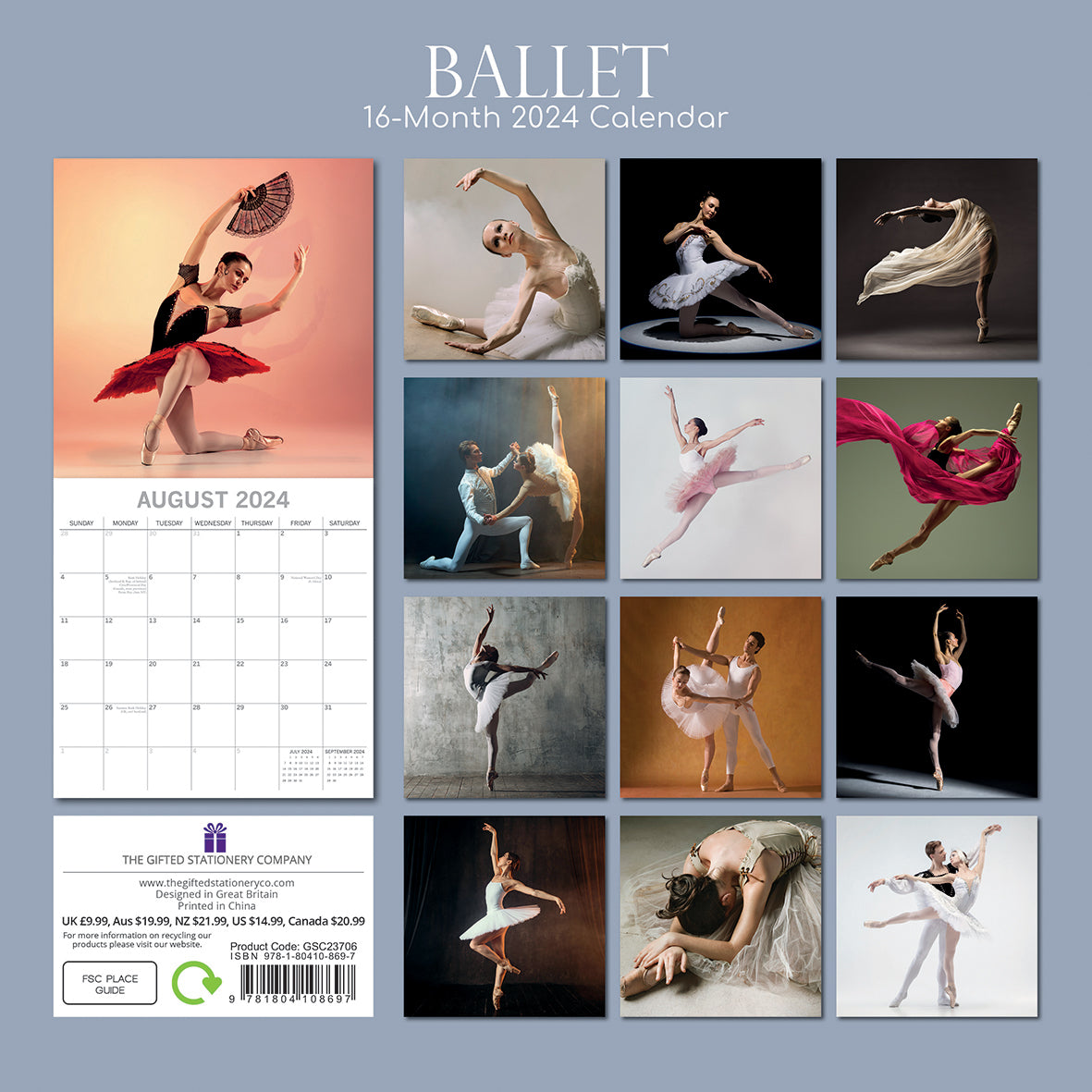 Ballet - 2024 Square Wall Calendar 16 Months Lifestyle Dancing Planner New Year
