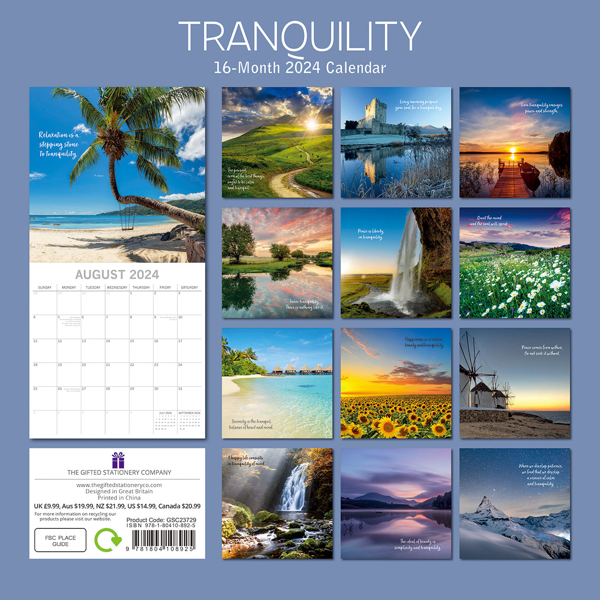 Tranquility - 2024 Square Wall Calendar 16 Month Planner Christmas New Year Gift