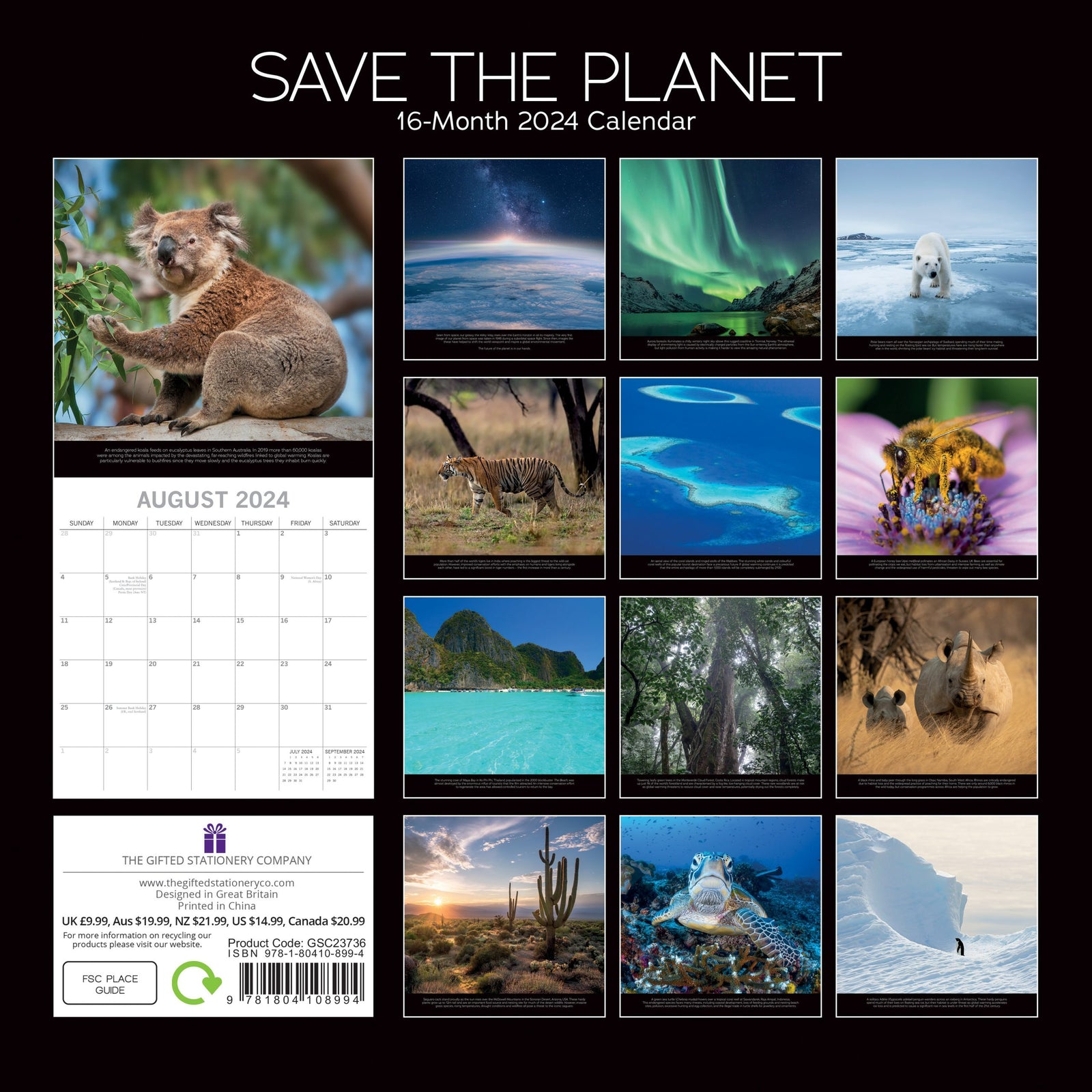 Save the Planet - 2024 Square Wall Calendar 16 Months Planner Xmas New Year Gift