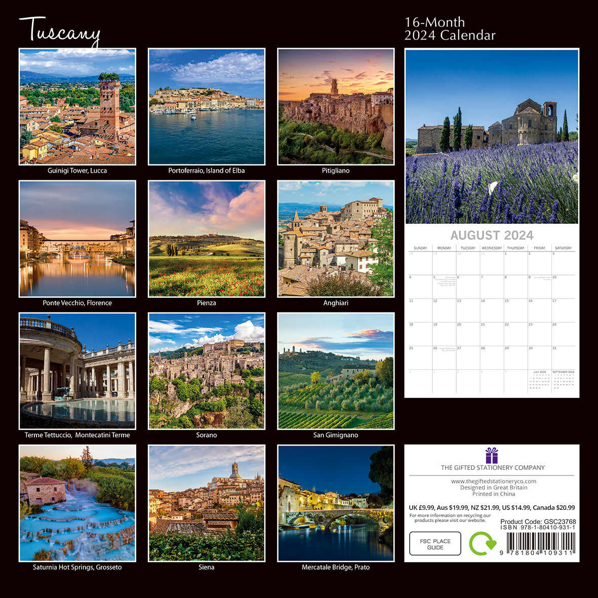 Tuscany - 2024 Square Wall Calendar 16 Months Premium Planner Xmas New Year Gift