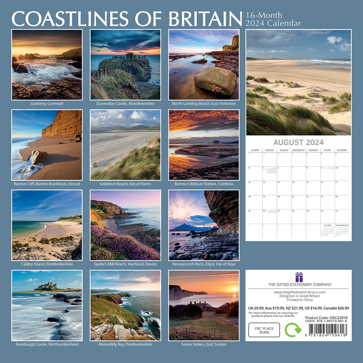 Coastlines of Britain - 2024 Square Wall Calendar 16 Months Premium Planner Gift