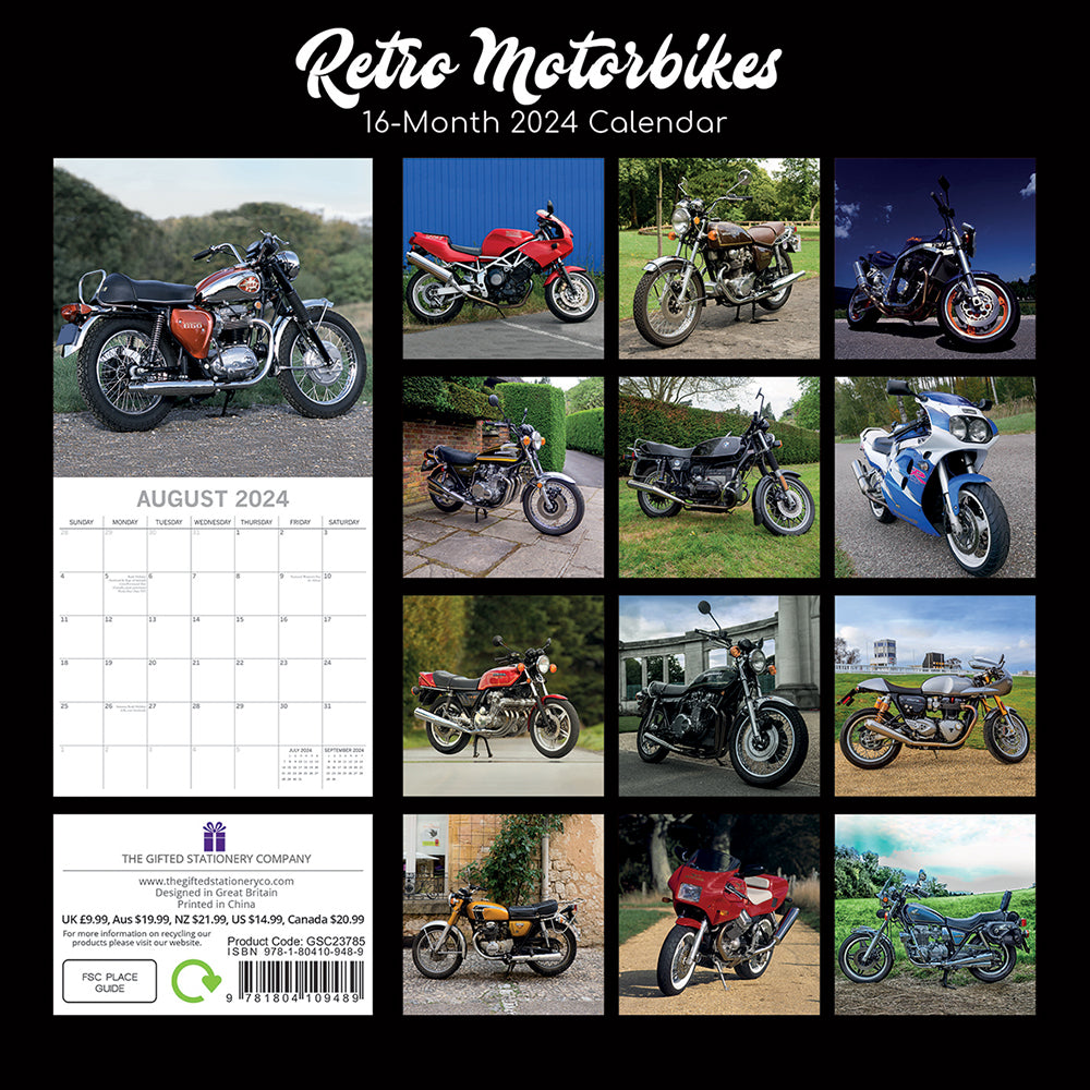 Retro Motorbikes - 2024 Square Wall Calendar 16 Months Planner New Year Gift