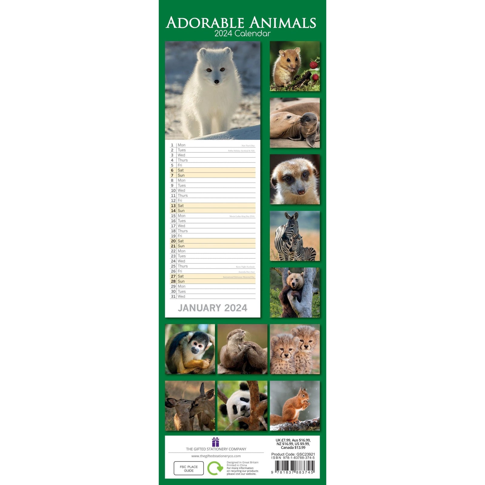 Adorable Animals 2024 Slimline Slim Wall Calendar Hanging Planner New Year Gift