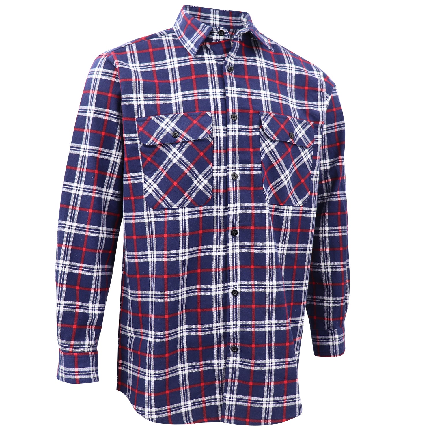 Men's 100% Cotton Flannelette Shirt Long Sleeve Plaid Check Flannel w Pockets, Patriot Navy Plaid, L