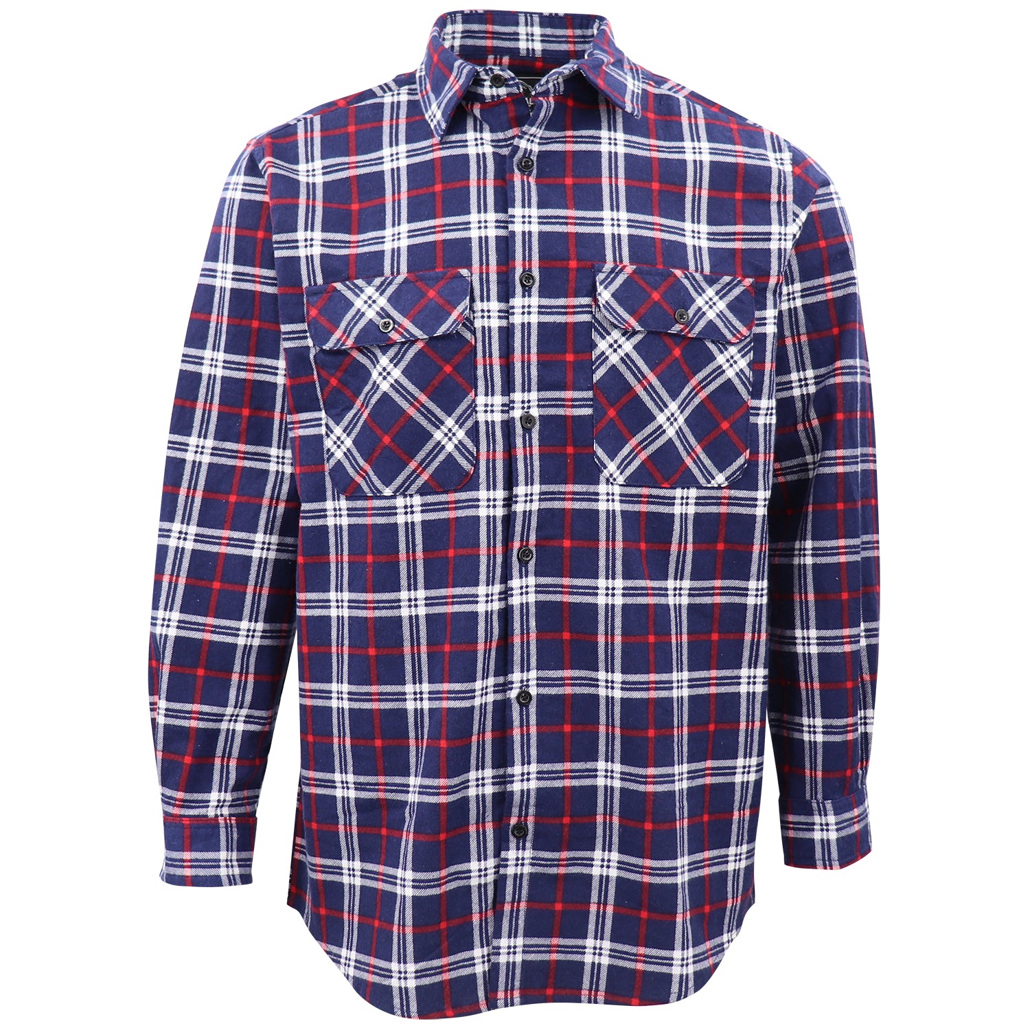 Men's 100% Cotton Flannelette Shirt Long Sleeve Plaid Check Flannel w Pockets, Patriot Navy Plaid, L