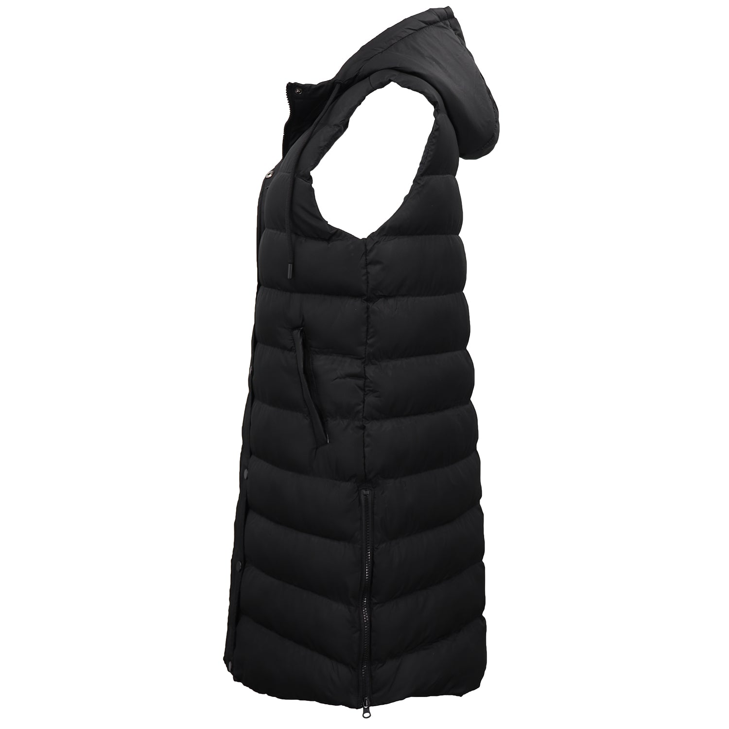 Women's Longline Padded Vest Hooded Jacket Puffer Puffy Quilted Zip Coat Gilet, Black, 12