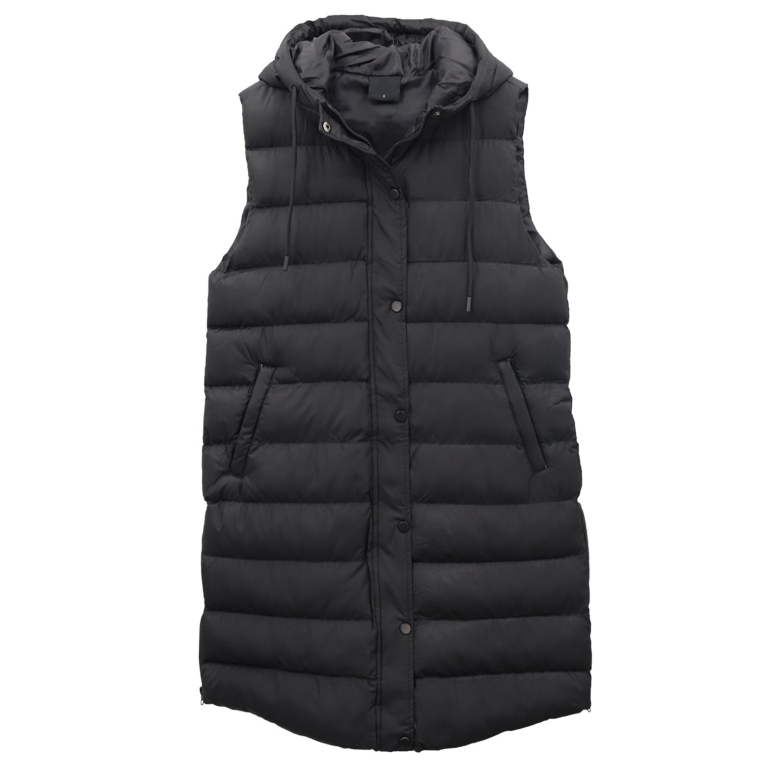 Women's Longline Padded Vest Hooded Jacket Puffer Puffy Quilted Zip Coat Gilet, Black, 14
