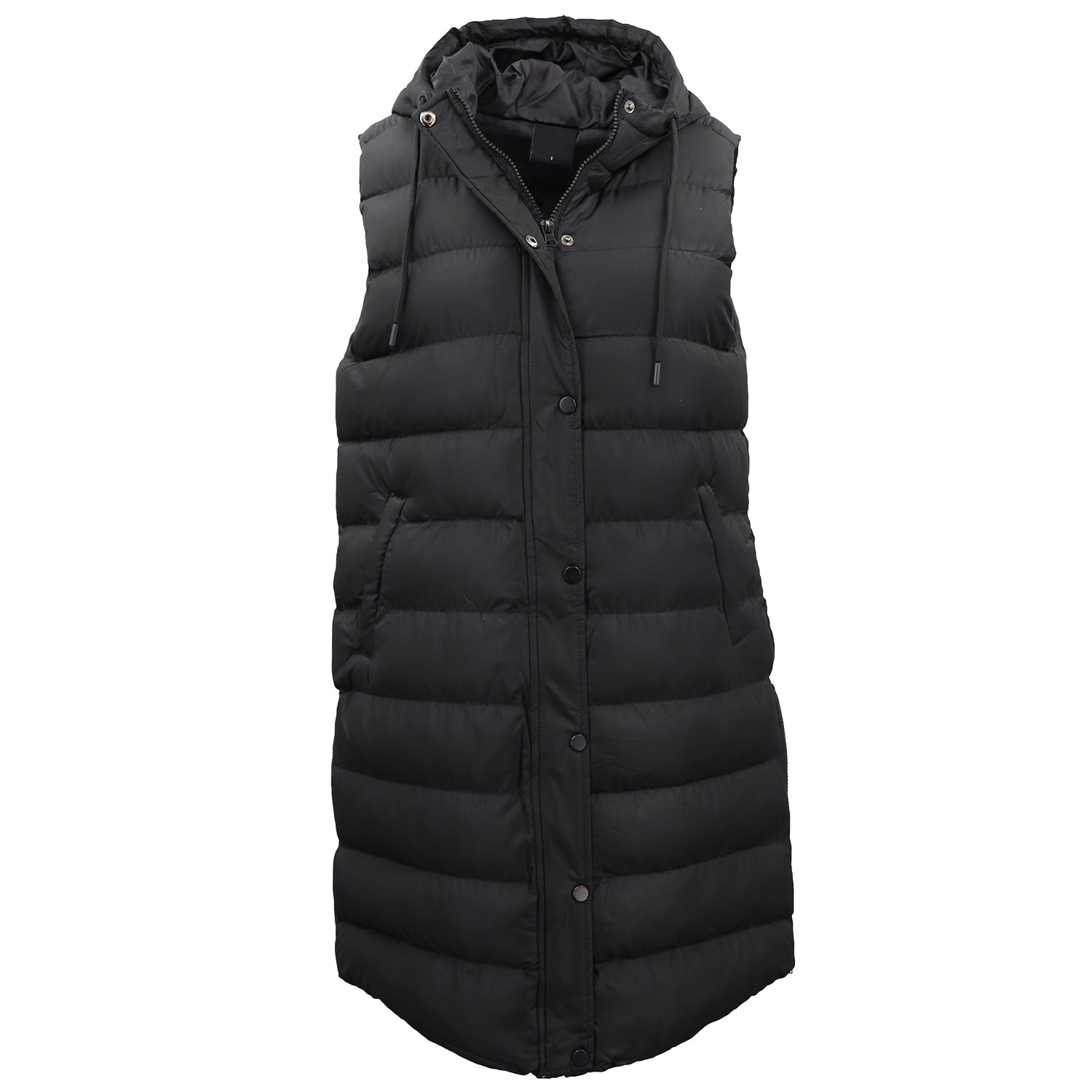 Women's Longline Padded Vest Hooded Jacket Puffer Puffy Quilted Zip Coat Gilet, Black, 14