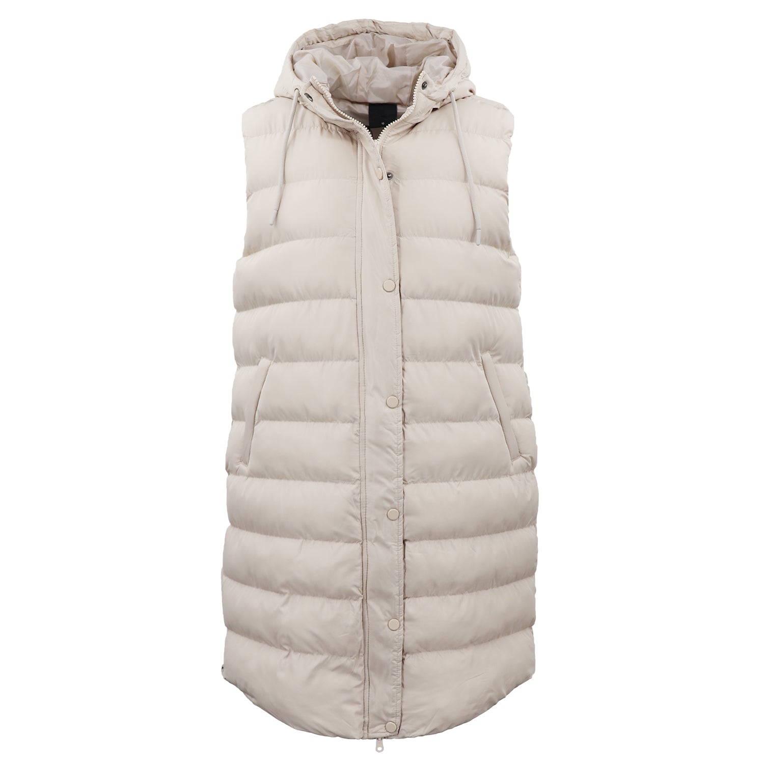 Women's Longline Padded Vest Hooded Jacket Puffer Puffy Quilted Zip Coat Gilet, Khaki, 10