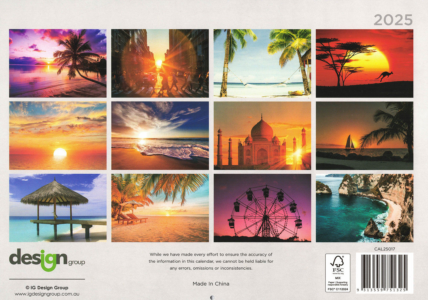 Sunset & Beaches - 2025 Rectangle Wall Calendar 16 Months Hanging Planner Gift