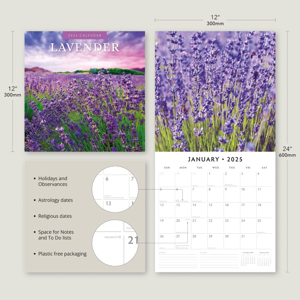 Lavender - 2025 Square Wall Calendar Floral 16 Months Premium New Year Planner