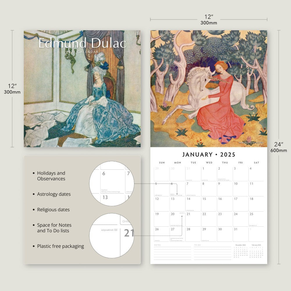 Edmund Dulac - 2025 Square Wall Calendar Fine Art 16 Months Premium Planner Gift