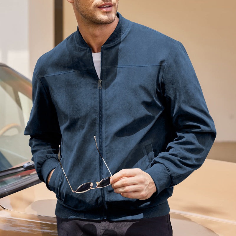 Men's Varsity Bomber Flight Jacket Breathable Windbreaker Zip Coat Faux Leather, Navy, 3XL