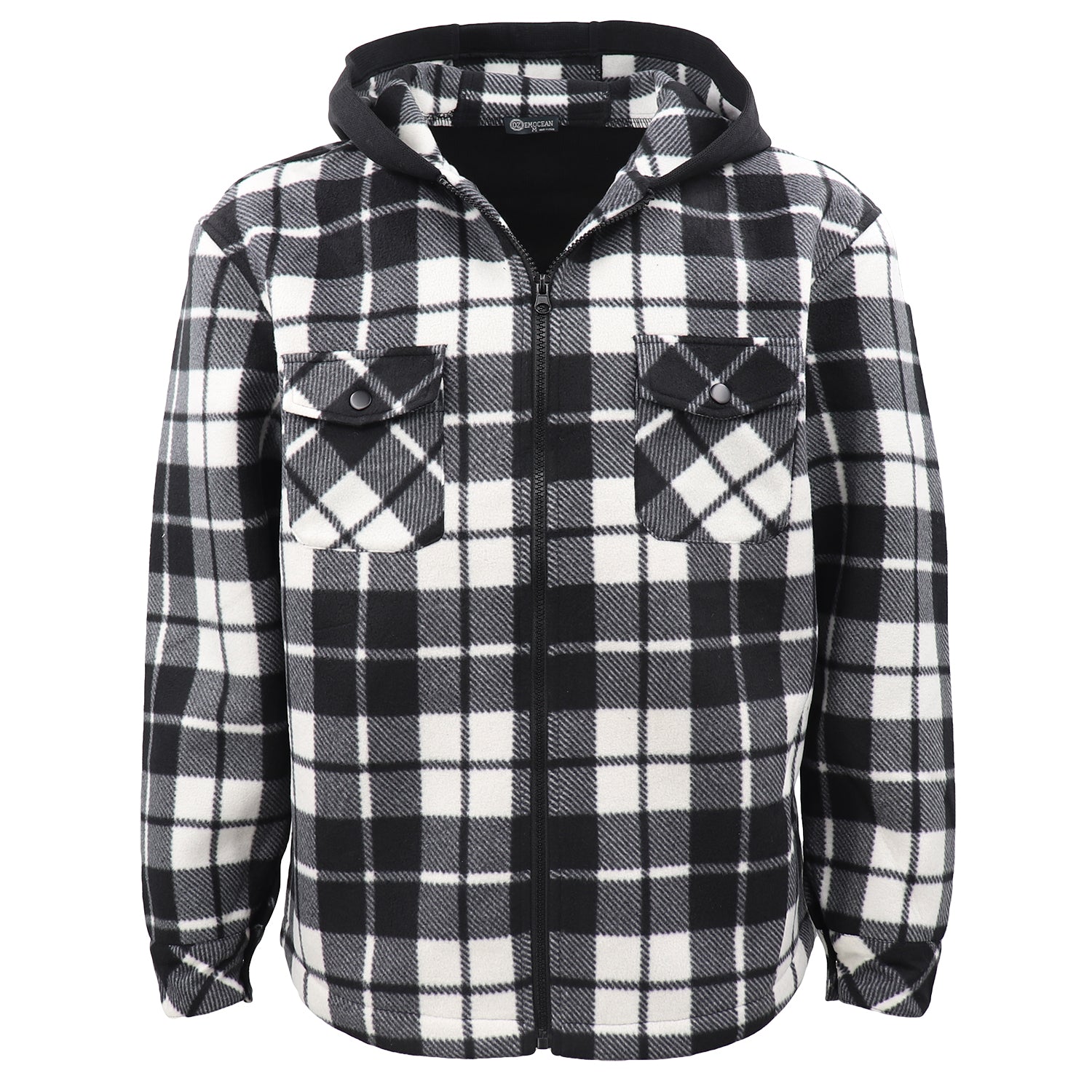 Men's Hooded Flannel Jacket Flannelette Plaid Fleece Shirt Zip Up Winter Coat, Black, M