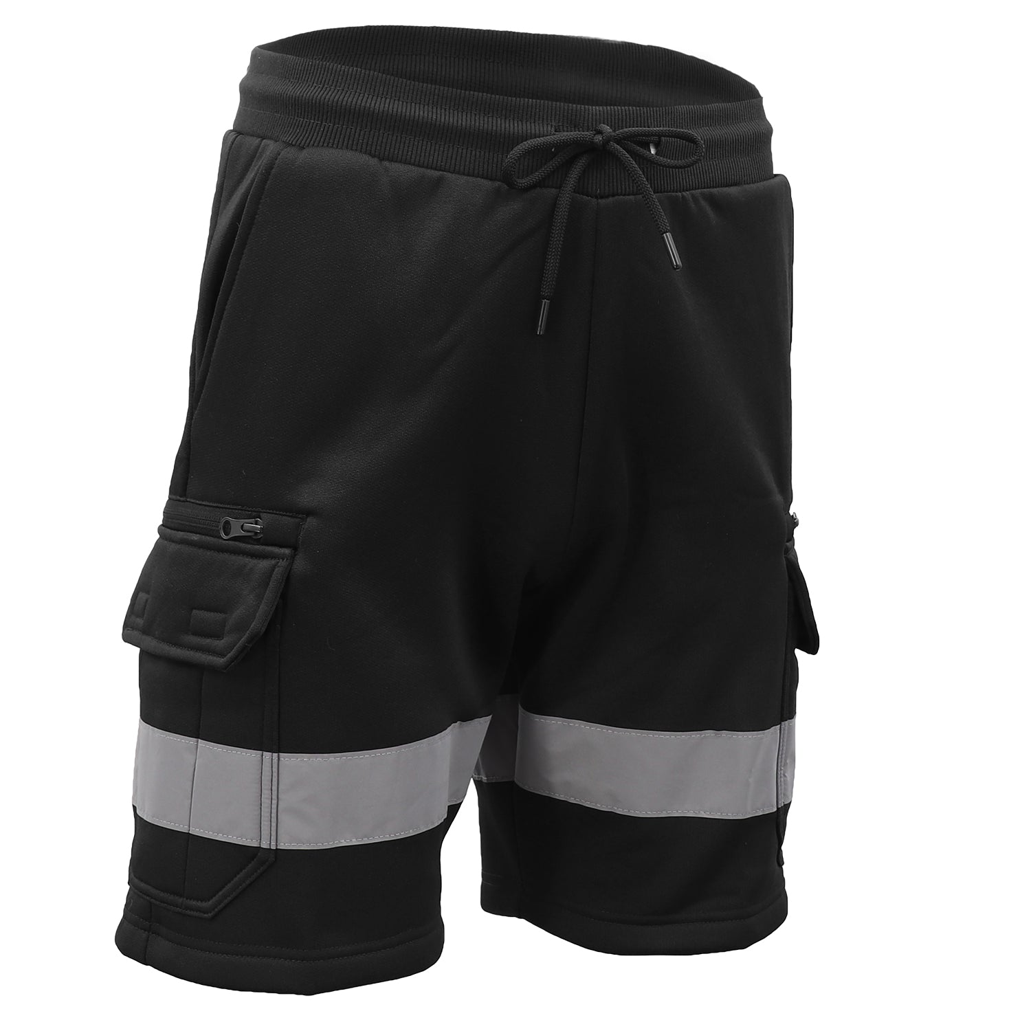 Hi Vis Fleece Work Cargo Shorts w Reflective Tape Workwear Tradie Utility Pants, Black, M