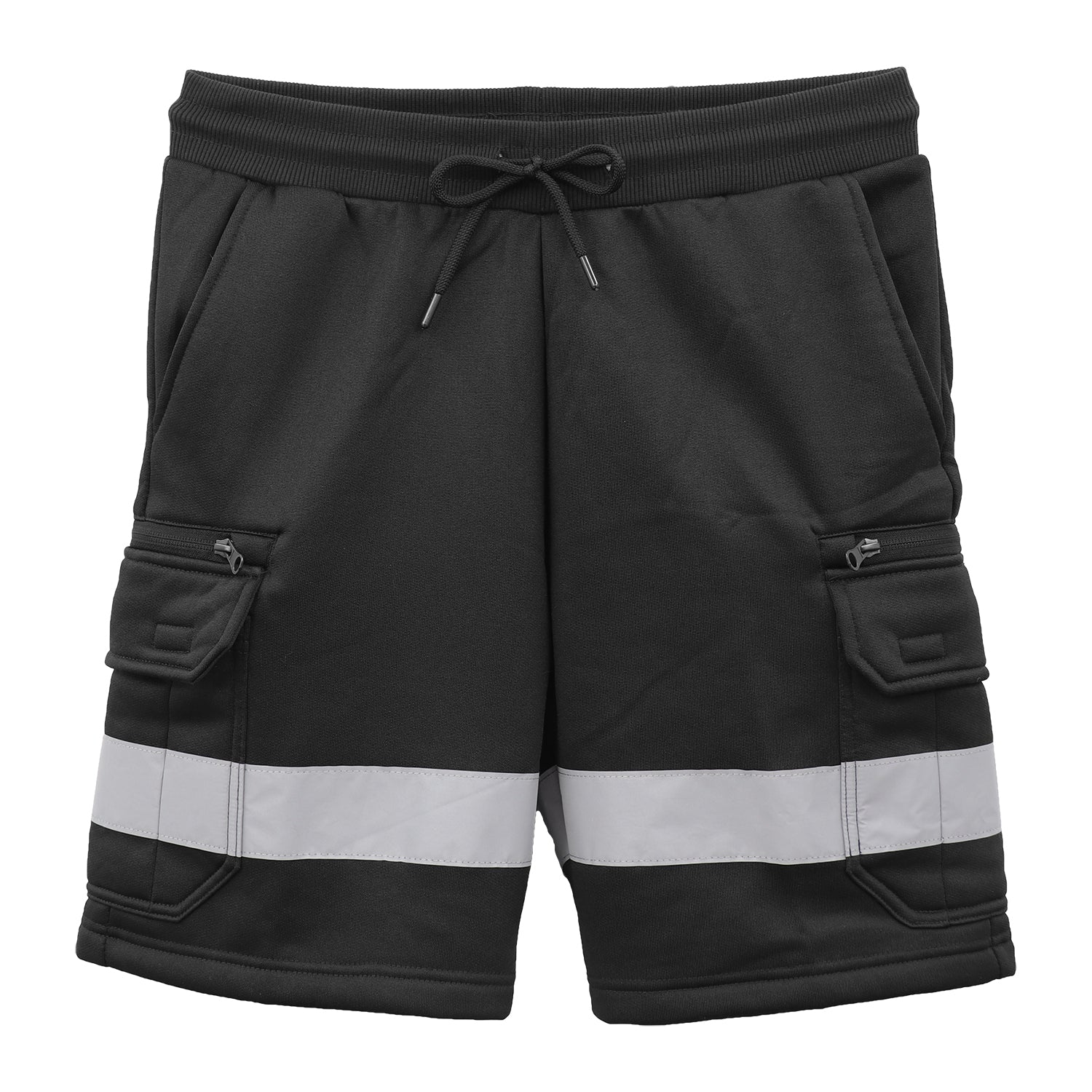 Hi Vis Fleece Work Cargo Shorts w Reflective Tape Workwear Tradie Utility Pants, Black, 2XL